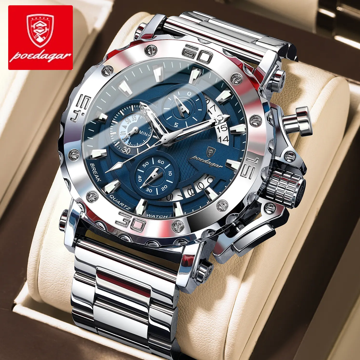 POEDAGAR Watch For Men Calendar Luminous Waterproof Man Clock Male Chronograph Stainless Steel Men's Quartz Watches