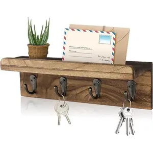 Rustic Key Holder for Wall, Farmhouse Wall Shelf with 4 Hooks, Wall Mounted Key Racks, Wooden Mail Organizer with Hooks for Entryway (Brown)