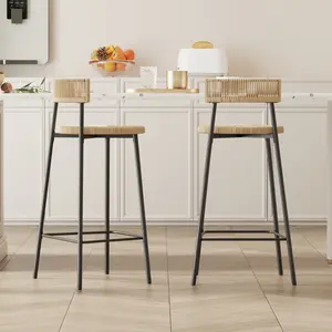 Hand Woven Bar Stools with Back Set of 2 Paper Rope Round Barstools with Footrest for Kitchen Island & Dining Rooms (Black & Honey)