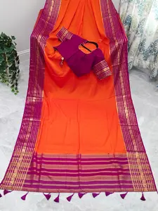 Sunset Orange & Rani Magenta Semi Mysore Crepe Silk Saree With Stitched Blouse