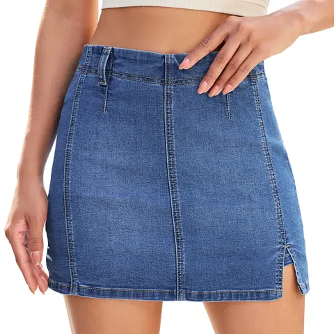 luvamia Women's High-Waisted Stretchy Denim Jean Skorts - Side Slit Mini Bottoms with Built-In Shorts, Fitted Basic Style for Country Concerts, Parties