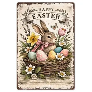 Happy Easter Vintage Bunny & Egg Basket Metal Sign - 8x12 Inch Retro Tin Wall Decor for Spring, Home, Porch - Gift for Easter & Farmhouse Decor Lovers