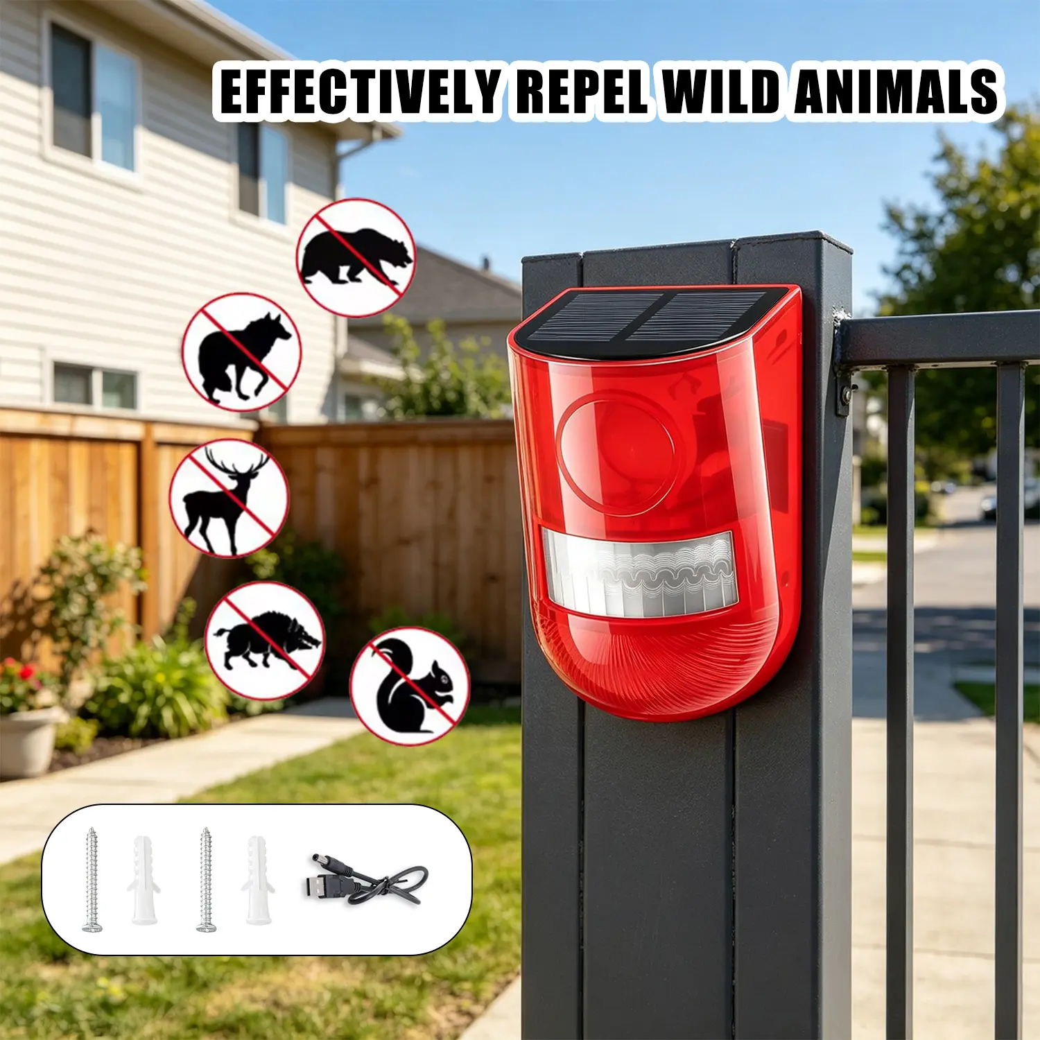Rectangular Outdoor Solar Lights Smart Motion Sensor Siren, Wall-Mount Waterproof 129dB Sound Security Alarm with Red Flash Strobe Warning Light, Solar-Powered System for Deterring Villa & Yard Threats