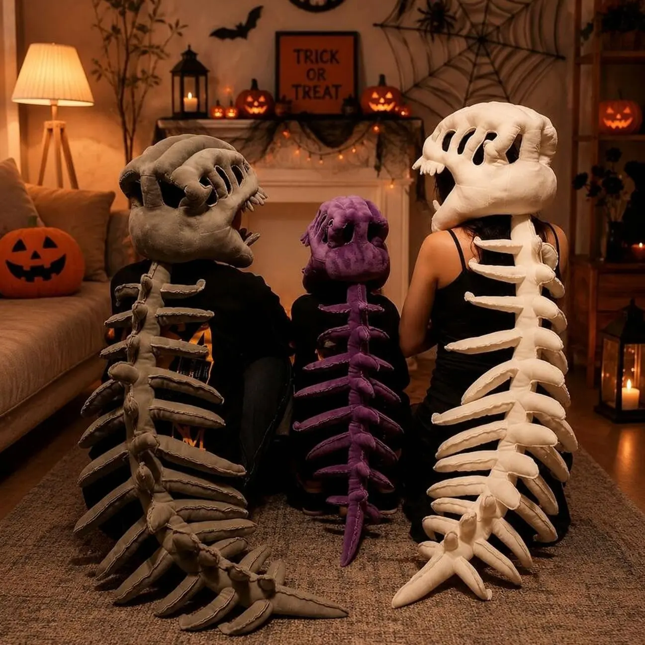 Halloween Dinosaur Skeleton Headgear Costume Plush Toy, Soft And Fluffy Stuffed Animal, Gray/Black/White/Purple