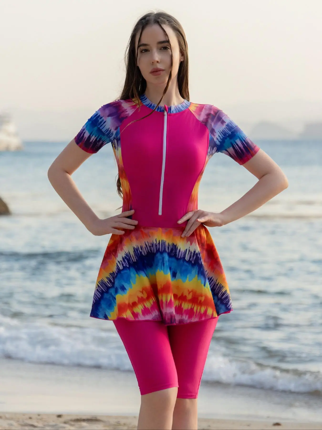 Women's Tie Dye Print Zipper Swimsuit Set Outfit, Casual Round Neck Swimwear Top & Pant for Beach Holiday Vacation, Ladies Islamic Modest Swimming Wear Swimsuit for All Seasons, Clothing