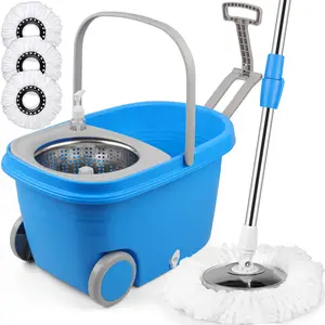 Spin Mop and Bucket with Wringer Set, 3 Washable Microfiber Pads Included for Floor Cleaning, Adjustable Stainless Steel Handle, Easy Moving with Wheels, Blue