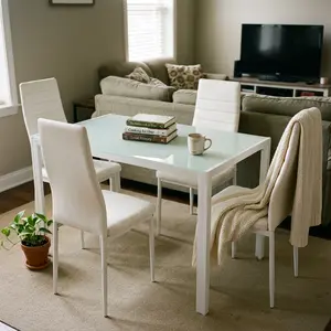 5 Piece Modern Dining Table Set for 4, Glass Dining Table with High Back PU Leather Chairs, Perfect for Living Room, Kitchen & Dining Room