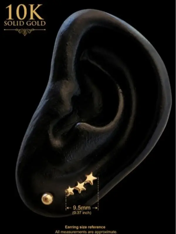 10K Solid Gold Triple Star Climber Stud Earrings Tiny Ear Crawler Cartilage