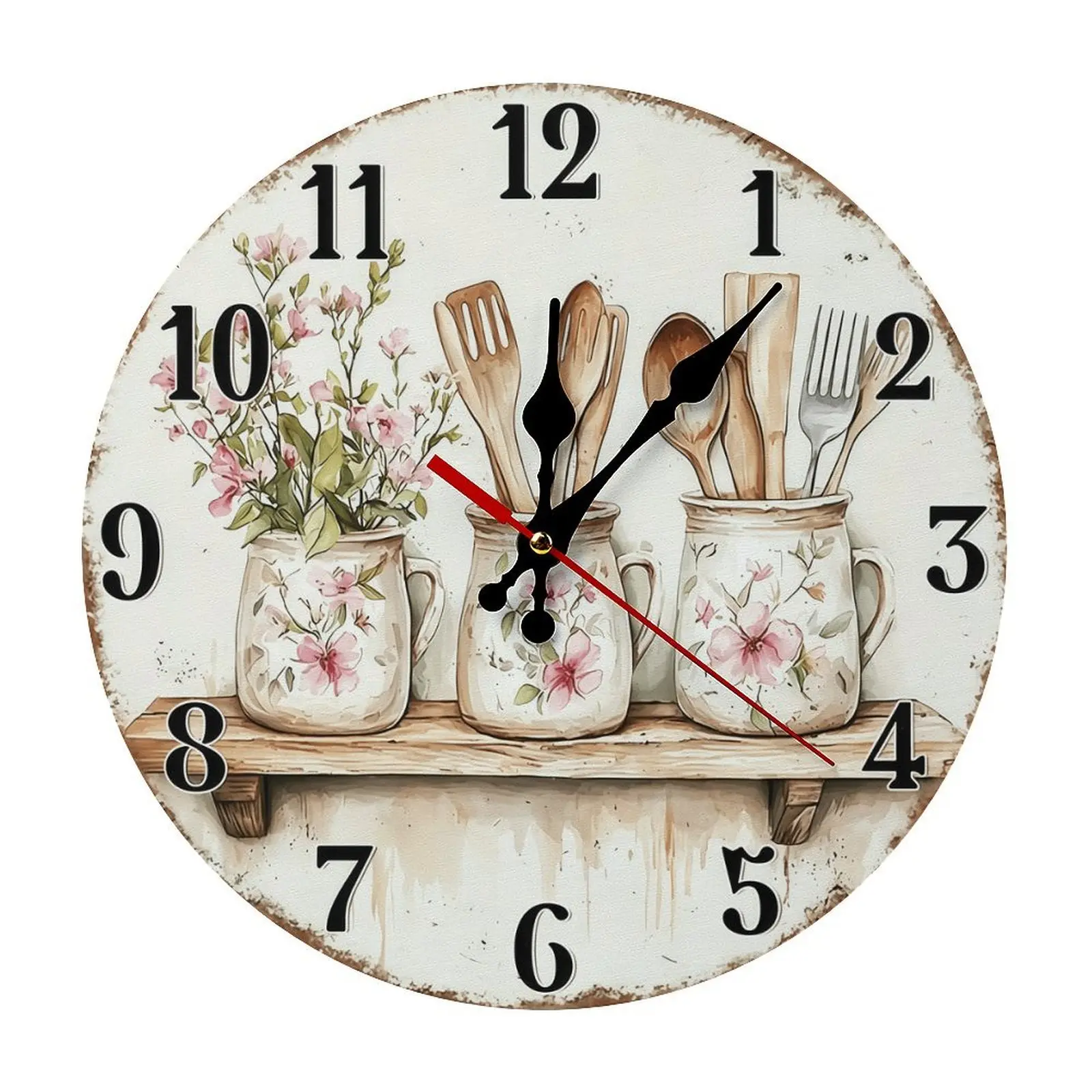 Vintage Floral Print Round Silent Attachable Analog Clock - 5mm, DIY Assembly Required, Wooden Utensil Jar Combo, Farmhouse Rustic Cottagecore Decor, Room Decor, Flower-Themed Kitchen Gift, Battery Not Included, Home Supplies