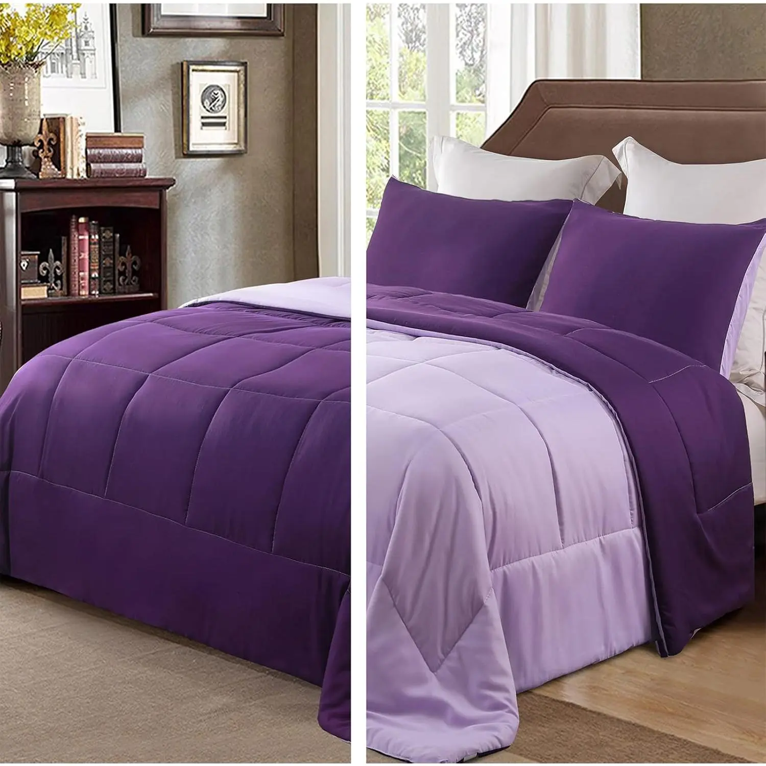 Queen Size Durable Microfibre 3-Season Down Alternative Comforter Set with 2 Pillow Shams, Lightweight, Machine Washable, Deep Purple/Lilac