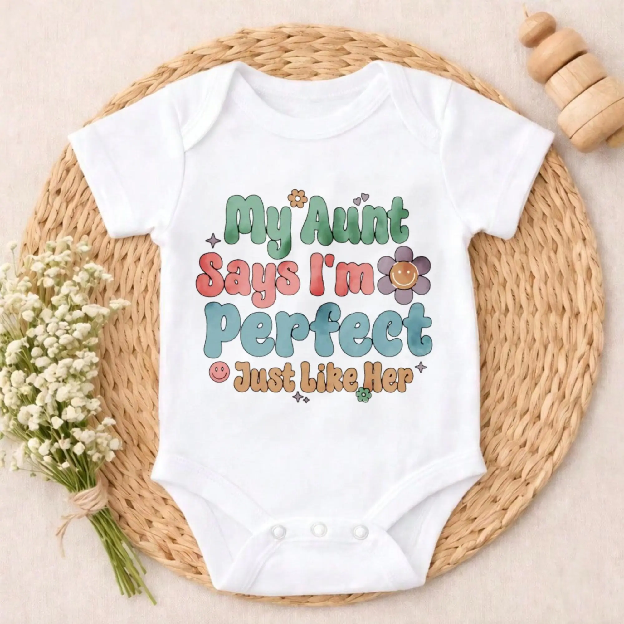 Unisex Baby Cotton Bodysuit - Short Sleeve, Cute "My Aunt Says I'm Perfect Just Like Her" Print, Breathable Flexible Fabric, Easy Dressing & Diaper Changes, 6m/9m Newborn Outfit, Baby Shower Gift for Adventure-Ready Little Ones