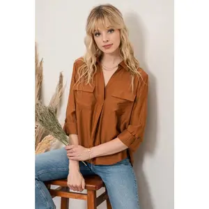 Caramel Colored Rolled Sleeve V-Neck Top - Casual Fitted Women's Shirt for Everyday Wear & Autumn Style Blouse Blouses