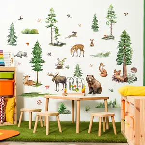 3Pcs/Set (3090cm3pcs) Forest Pine Tree Animals Wall Stickers, Early Education Wall Decor for Kids Room, Nature Theme Decals