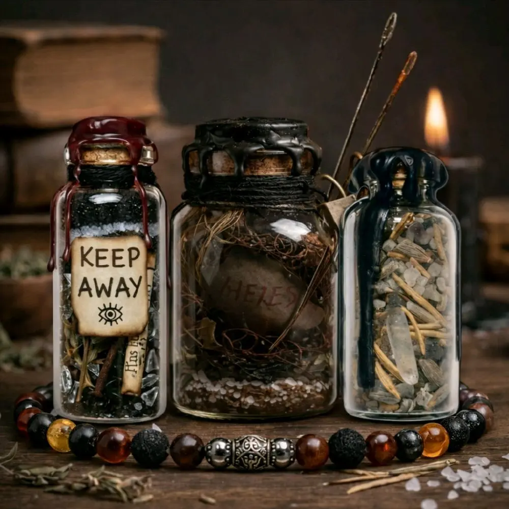 3 Handmade Spell Jars 1oz Updated + Beaded Bracelet Set
