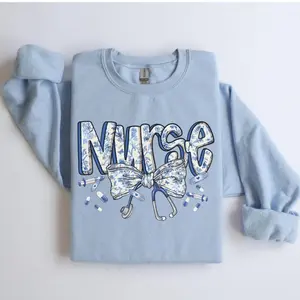 Coquette Bow Nurse Sweatshirt/ T-shirt, Cute RN Hoodie, Retro Nurse Crewneck, Blue Chinoiserie Toile de Jouy Nurse Shirt, Nurse Gift for Her