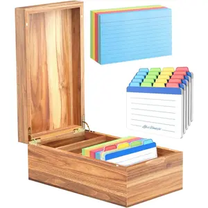 3x5 Index Card Organizer Box with Lid – Acacia Wood Note Card Holder with 200 Cards & 20 Dividers, Holds 600 Cards, 4 Compartments, Magnetic Closure – Desktop Storage for Study, Office, Recipes