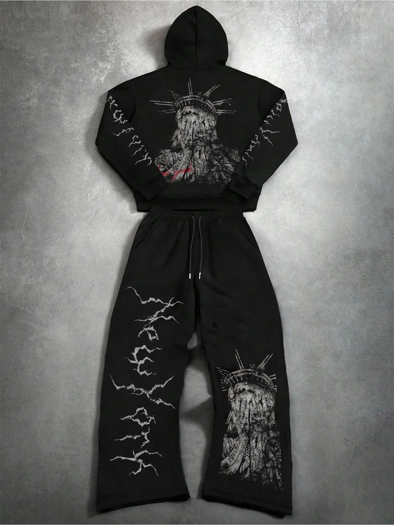 Statue of Liberty Graphic Tracksuit | Black Oversize Streetwear Set | Soft Fleece Fabric | Distressed Lightning & Gothic Print | Edgy Dark Aesthetic | Perfect for Casual Daily/Street Style | TikTok Viral Alternative Fashion | Cozy 2-Piece Loungewear