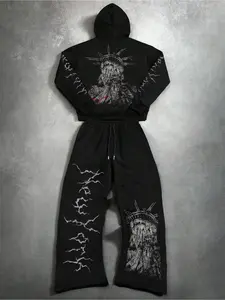Statue of Liberty Graphic Tracksuit | Black Oversize Streetwear Set | Soft Fleece Fabric | Distressed Lightning & Gothic Print | Edgy Dark Aesthetic | Perfect for Casual Daily/Street Style | TikTok Viral Alternative Fashion | Cozy 2-Piece Loungewear