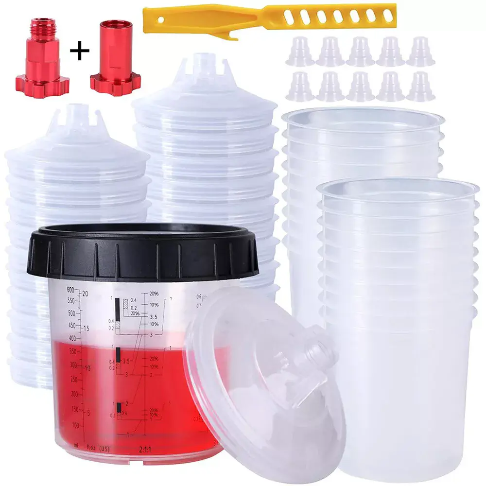Disposable Paint Mixing Cup System 20 Ounce (600ml) Kit - 50Pack Paint Cups with Lids, Hard Cup with Retainer Ring, 10PCS Plugs, 2 Cup Adapter, Paint Stirrer for Automotive Paint Gun