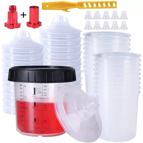 Sohochic Disposable 20oz Hard Plastic Mixing System Kit - 50 Pieces Paint Cups with Lids, Hard Holder with Retainer Ring, 10pcs Plugs, 2 Adapters, 1 Stirrer, All-Season Tool for Automotive, Home & Party Supplies, 20 Ounce
