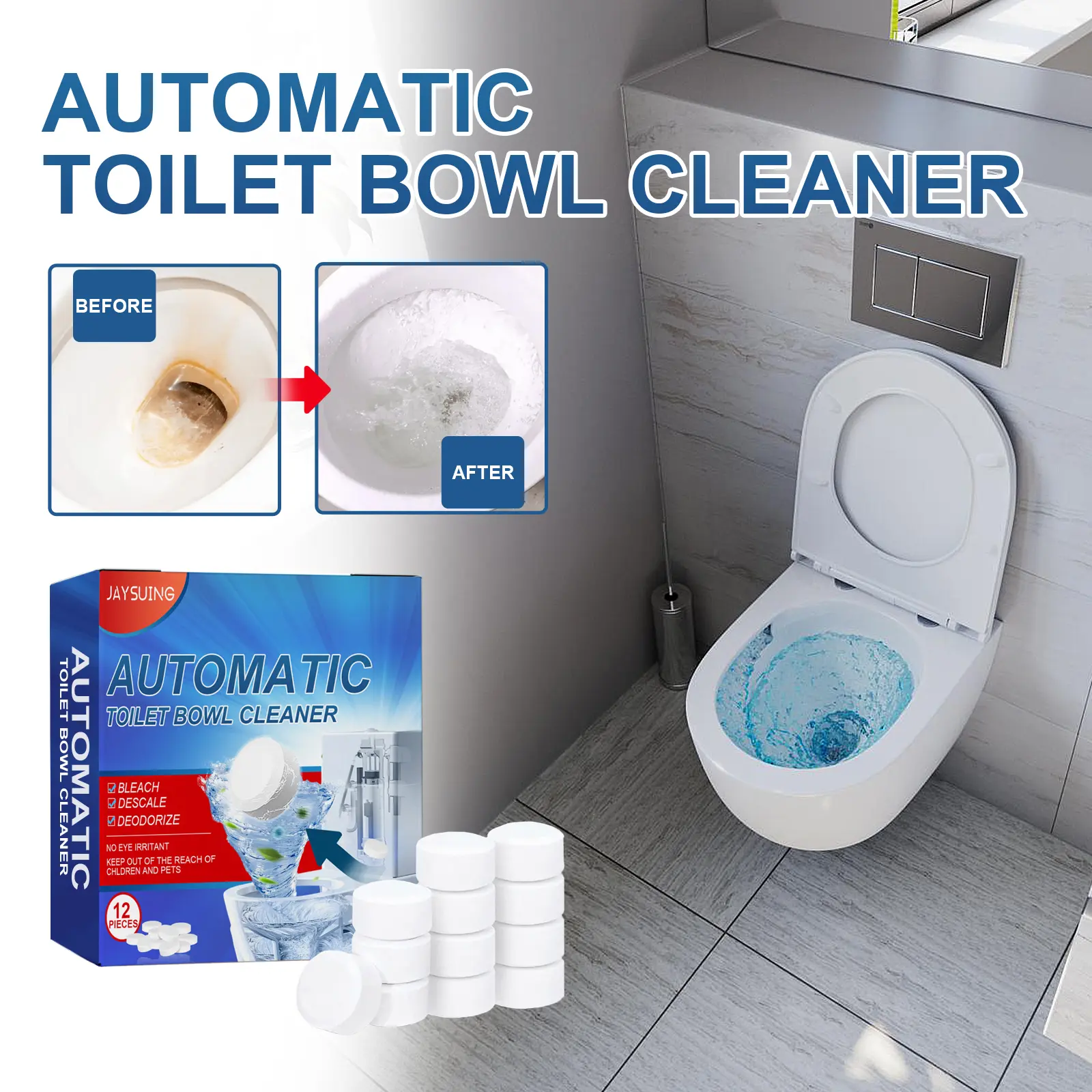 Jaysuing Toilet Cleaning Tablets, 12 tablets per box — household toilet cleaner for odor removal, stain removal, descaling, and general cleaning