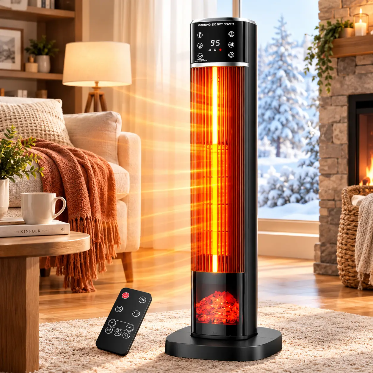 Sweetcrispy 31.9" Space Heater Indoor Use, Ceramic Tower Electric Heater 1500W, 3 Heating Modes, 50-95°F Thermosta, Remote Control, 15h Timer, Flame Effect, Multiple Safety Protection