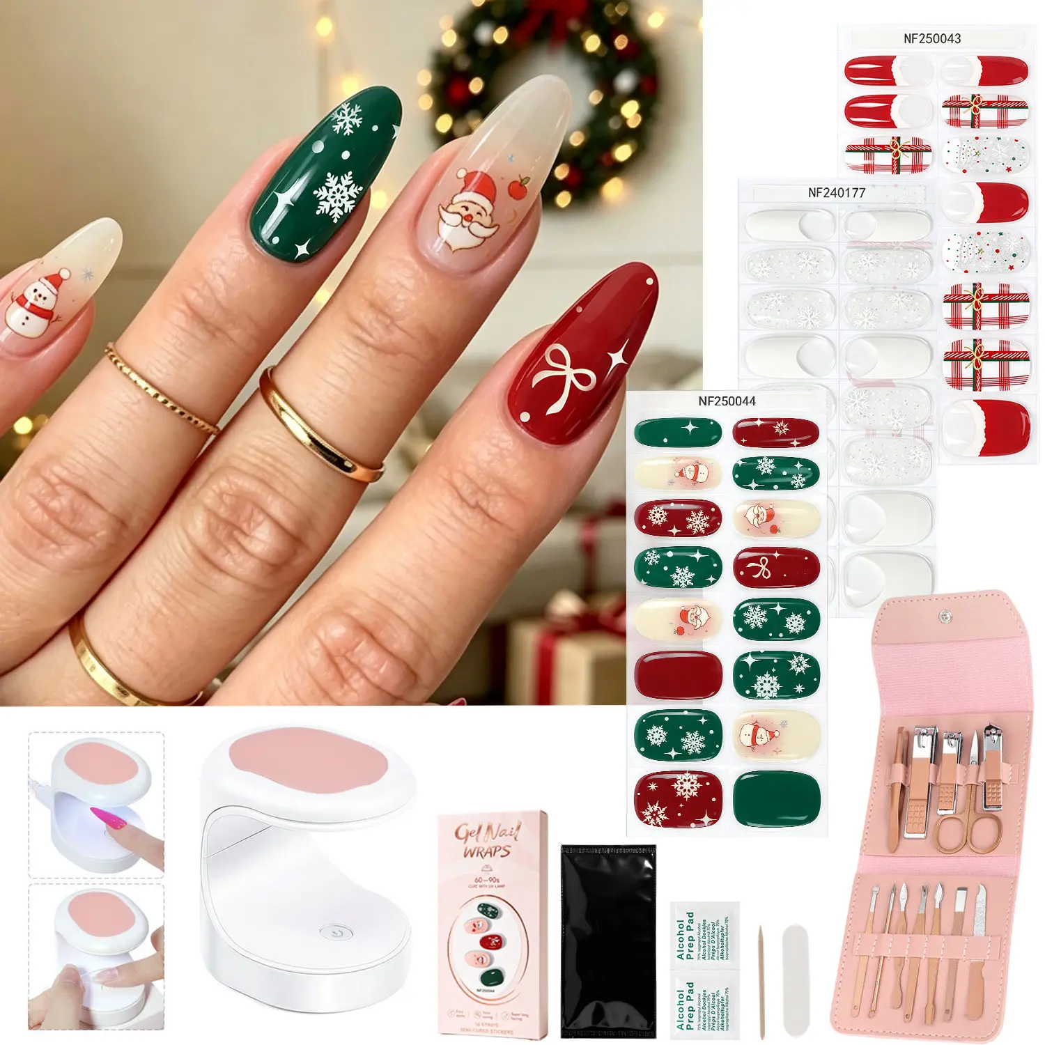 Semi Cured Gel Nail Strips for Christmas, 16-Piece Red Green Snowflake & Santa Nail Wraps, Glossy Holiday Nail Stickers with Multiple Sizes, UV LED Curing Required