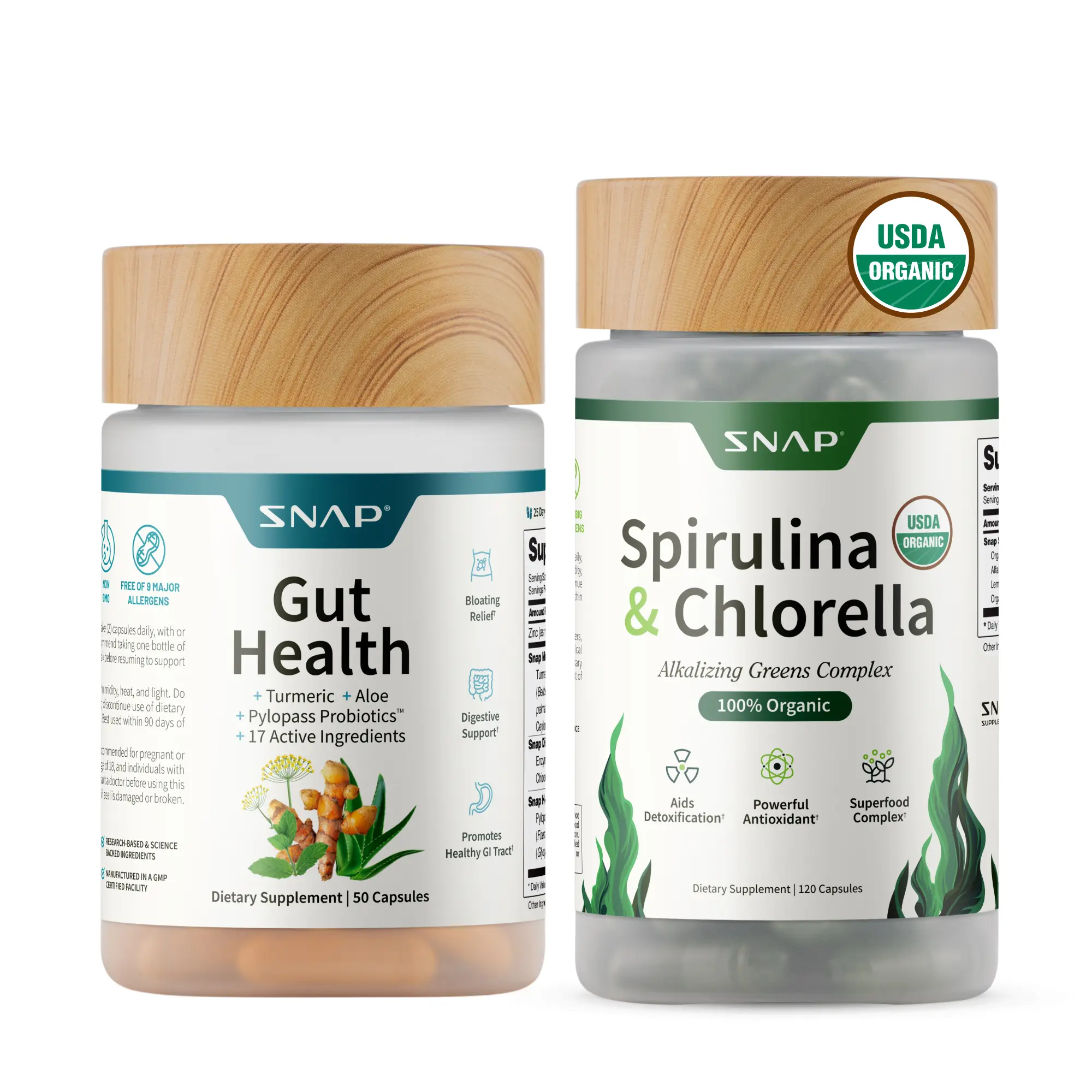Gut Health Bundle - Snap Supplements - Gut Health + Spirulina & Chlorella - Natural Supplement Bundle Prebiotics Probiotics Dietary