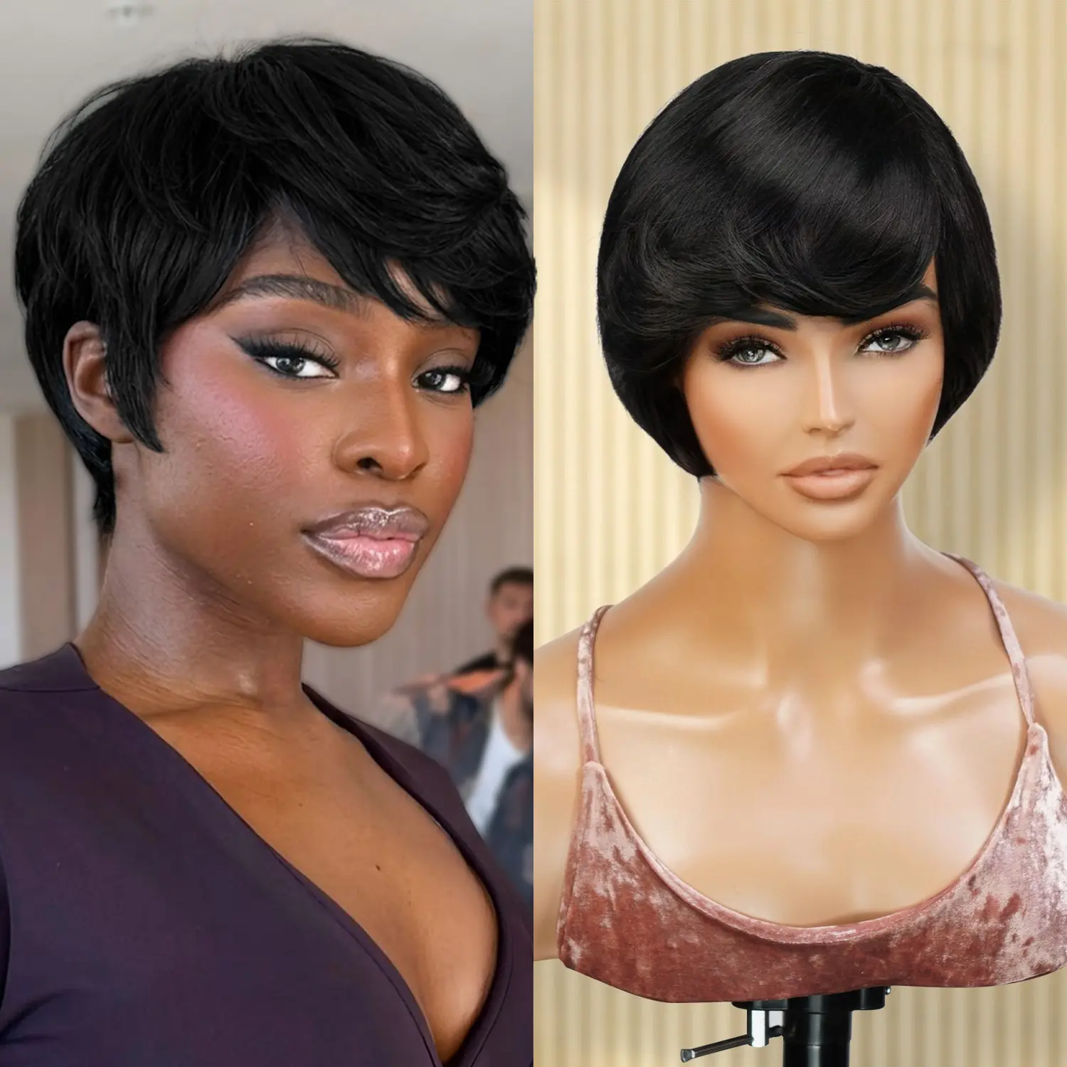 Instant Fab Luxury Human Hair Full Machine Wig, Pre-dyed Short Cut in Premium Human Hair with Side Bang, 9" Length, Luxury Human Hair Full Machine Wigs