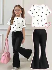 Youth Girls Casual Fashion Simple Cartoon Floral Pattern Round Neck Short Sleeve T-Shirt and Bell Bottoms Set, Spring & Fall Wear
