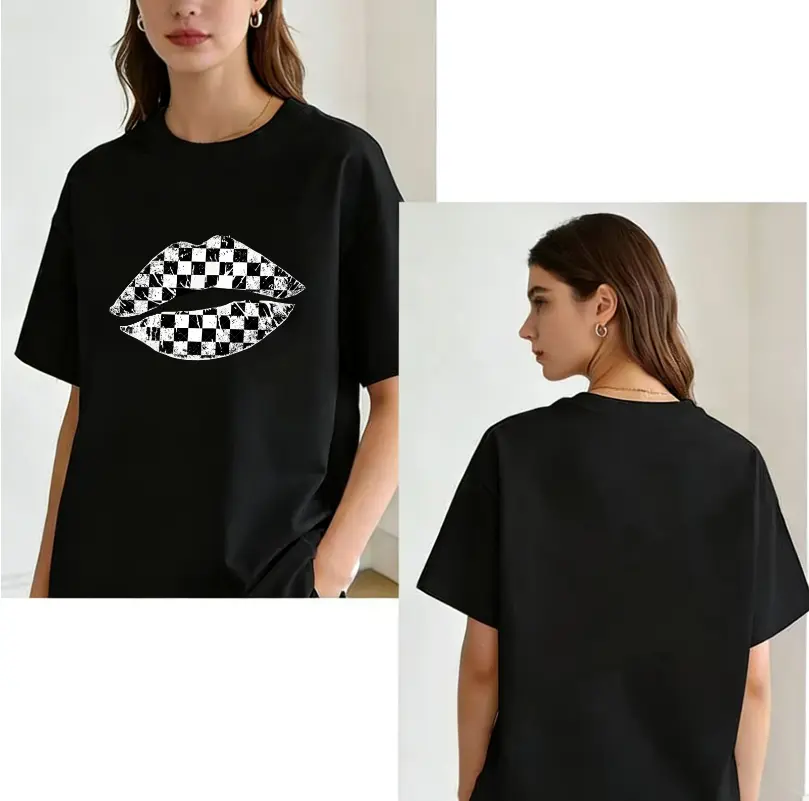 Women's Short Sleeve T-Shirt with Geometric Lip, Checkered & Argyle Print, Soft 100% Cotton Casual Loose Fit Round Neck Top, Shortsleeve, Tshirt