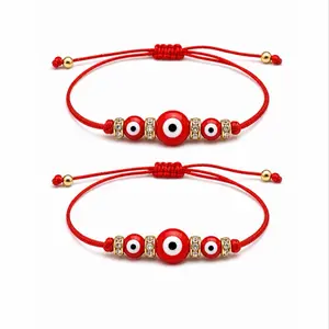 2-Pack Adjustable Evil Eye Red String Couples Bracelets - 7 Knot Protection Design, Sparkling Diamond-Look Gems, Casual Trendy Jewelry, Fashionable Bracelet, Adjustable Bangle, Jewelry Accessory, Awareness accessory.