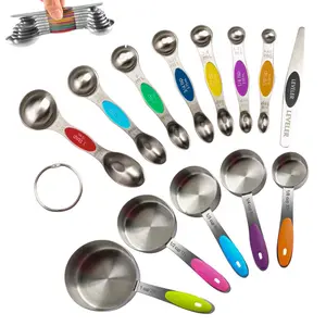 12 PCS Measuring Cups and Spoons Set Stainless Steel, 5 Measuring Cups with Colorful Silicone Handle and 7 Double-Sided Magnetic Measuring Spoons & 1 Leveler for Cooking and Baking (5+7+1)