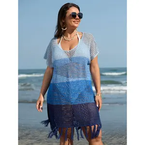 【Summer Turn-Up】BlOOMCHIC Plus Size Crocheted Colorblock Fringe Hem Swim Cover-Up [1x-6x] 2026 Summer Pick for Mother's Day