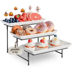 3 Tier Plastic Serving Tray for Party, 11.5" x 5.6" Platters for Serving , Microwave-Safe, White  Trays with Black Metal Display Stand for Cupcakes, Sevring , Dessert, Fruit, Black