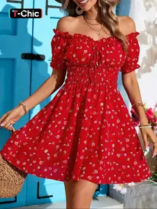 Women's Floral Print Off Shoulder Dress, Elegant Fashion Casual Short Dress for Daily Outdoor Wear, Casual Everyday Wear, Women's Dress for Summer