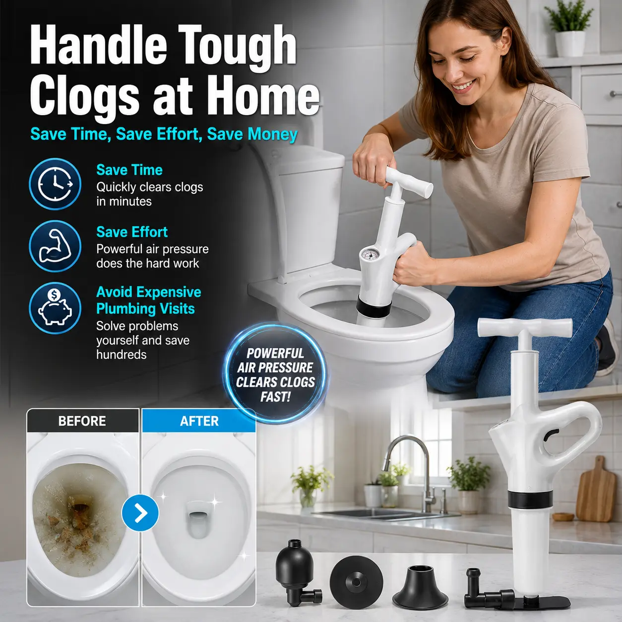 High-Pressure Air Drain Blaster with Built-In Pressure Gauge, Toilet Plunger & Drain Clog Remover with 4 Interchangeable Heads, Manual Unclogging Tool for Toilet, Kitchen Sink, Bathroom Sink, Shower, Floor Drain & Pipes Accessory Cleaning Household Set