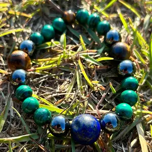Handmade Malachite, Hematite, Tiger’s Eye & Lapis Lazuli Bracelet | 8–10mm Natural Gemstone Beaded Bracelet | Protection, Confidence & Focus