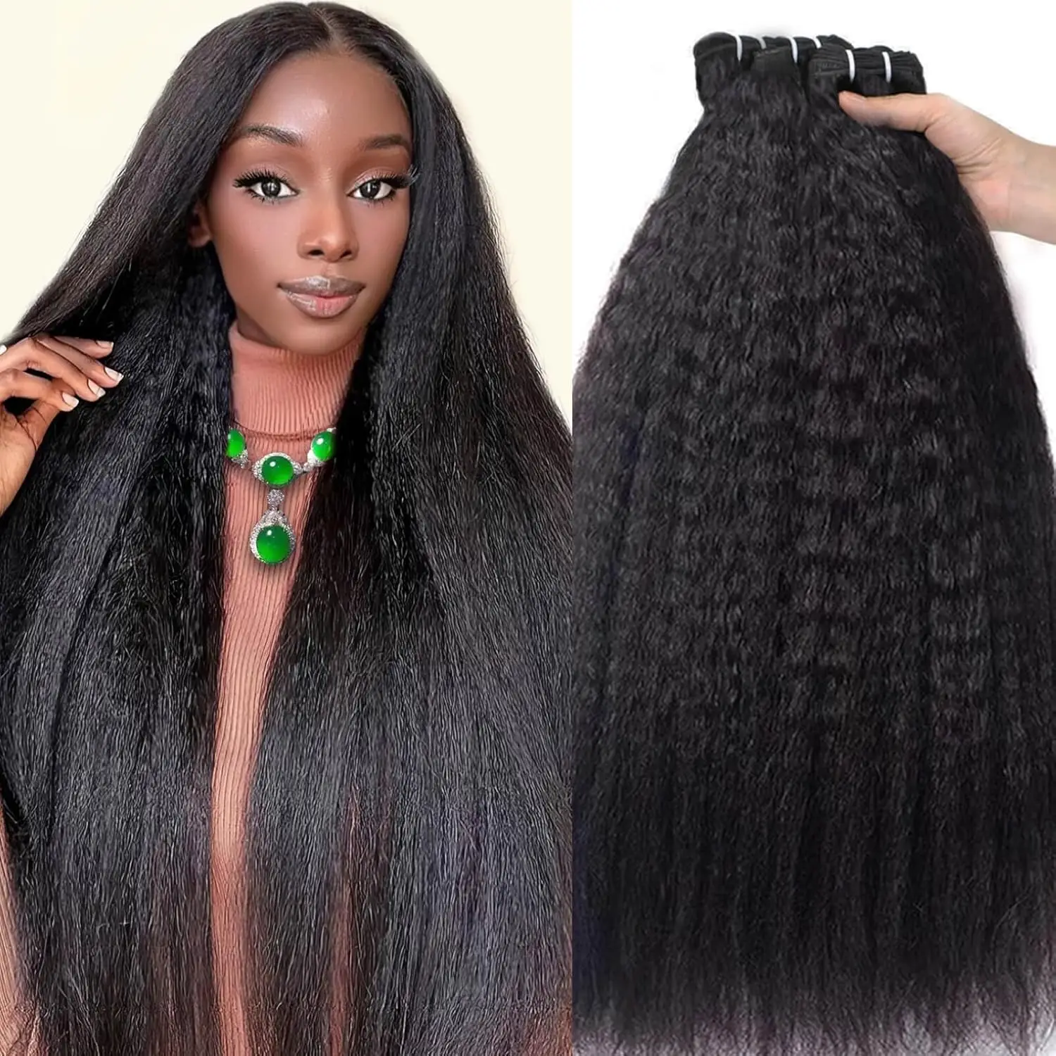 VIPbeauty Kinky Straight Bundles Yaki Straight Bundles Human Hair 16A 100% Unprocessed Virgin Full and Thick 3 Bundles, Silky Soft, No Shedding, No Sm