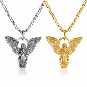 Angel Pendant Necklace for Men Women, Gold/Silver Guardian Angel Necklace, Hypoallergenic Stainless Steel Chain, Religious Jewelry Gift for Protection & Faith