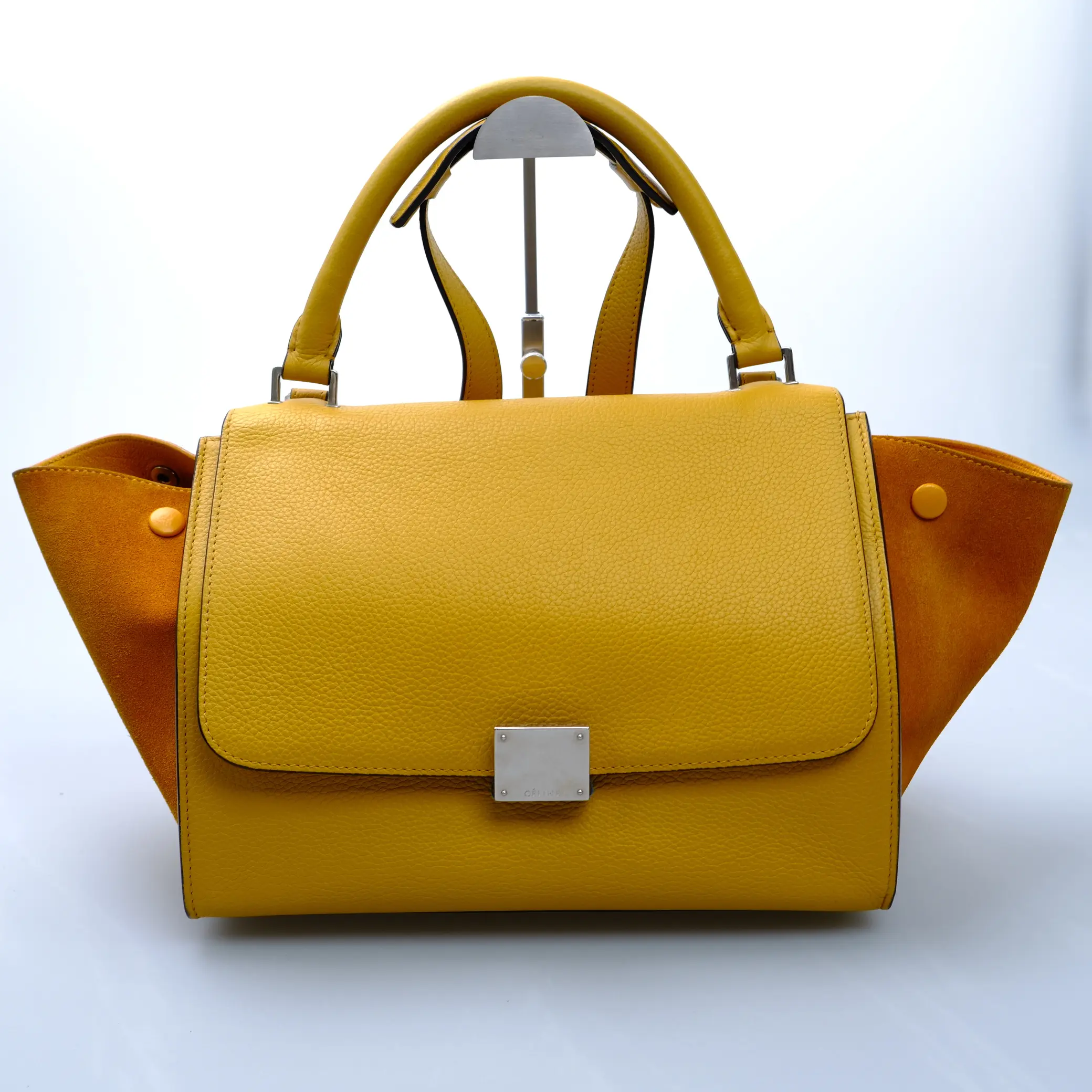Pre-owned Celine Trapeze Top Handle Bag 100% Authentic, Checkcheck, Ocre Yellow Drummed Calfskin & Suede, Very Good Condition, Depth: 6 Inches, Height: 8 Inches, Suede Top Handle Bag, Trapeze Ocre Yellow