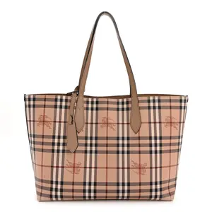 Pre-owned BURBERRY Canvas Shoulder Bags Grainy Calfskin Haymarket Check Medium Reversible Tote Camel