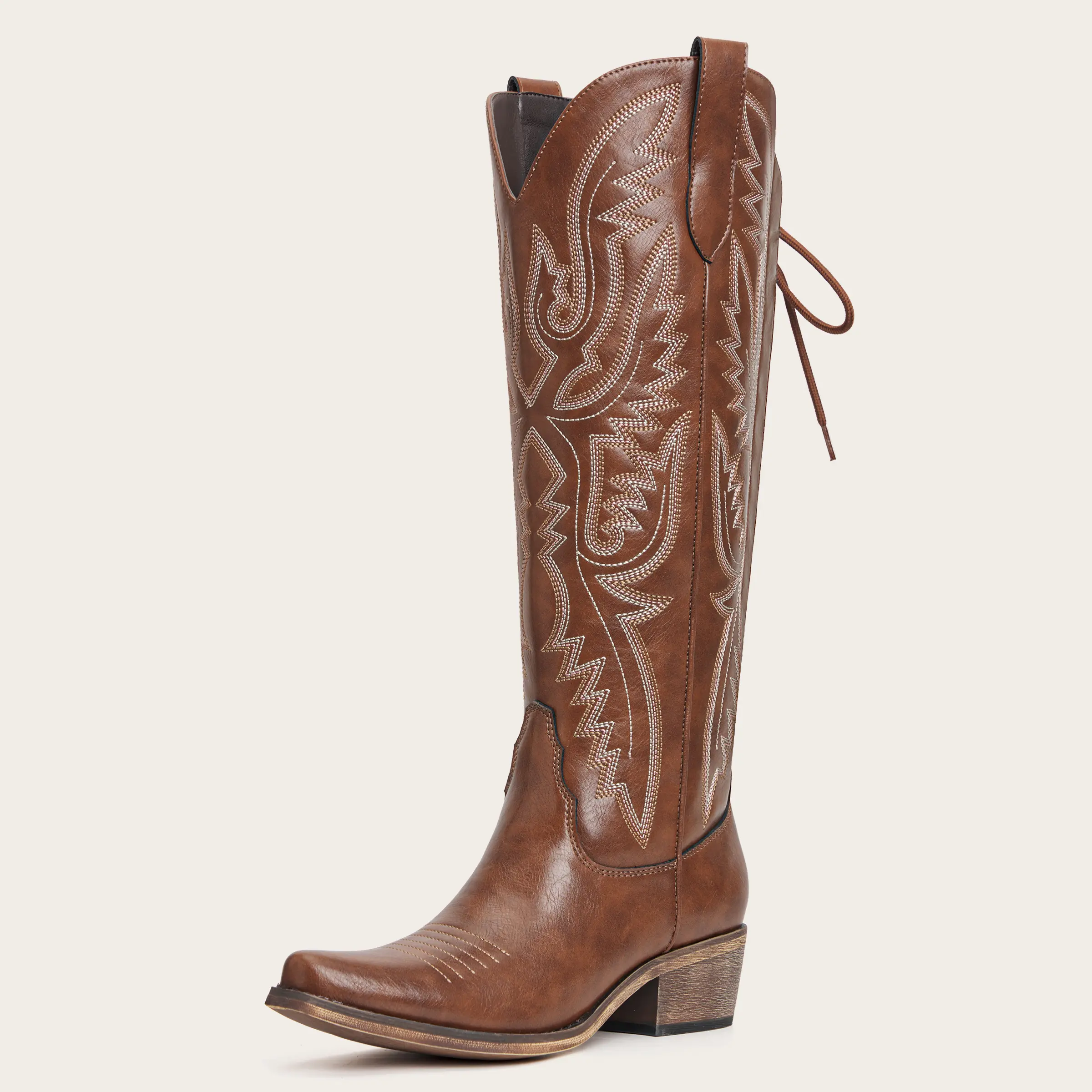 Women's Knee High Cowboy Cowgirl Boots with Flame-Shaped Embroidery Snip Toe Adjustable Back Tie Side Zipper Chunky Heel Design Women's Shoes