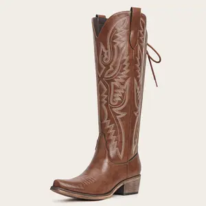 Women's Knee High Cowboy Cowgirl Boots with Flame-Shaped Embroidery Snip Toe Adjustable Back Tie Side Zipper Chunky Heel Design Women's Shoes #TikTokShopBlackFriday #TikTokShopCyberMonday