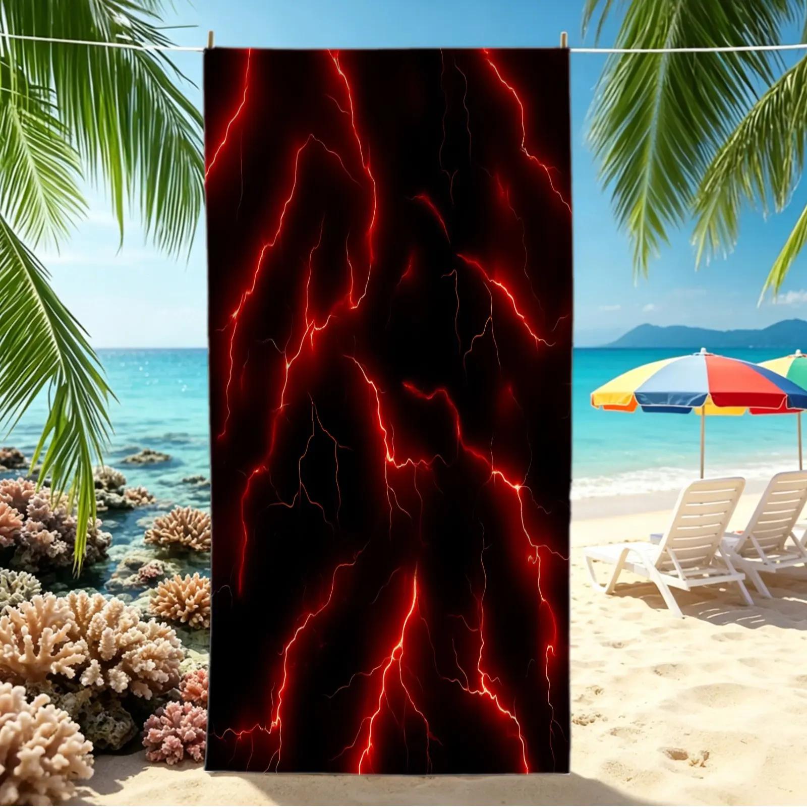 Red Lightning Print Beach Towel, Black Red Thunderstorm Pool Towel, Quick-Dry Absorbent Camping Towel, Cool Abstract Style Bath Towel Blanket for Teens Boys, Summer Beach, Pool, Travel, Soft Microfiber, Lightweight & Sand-Resistant