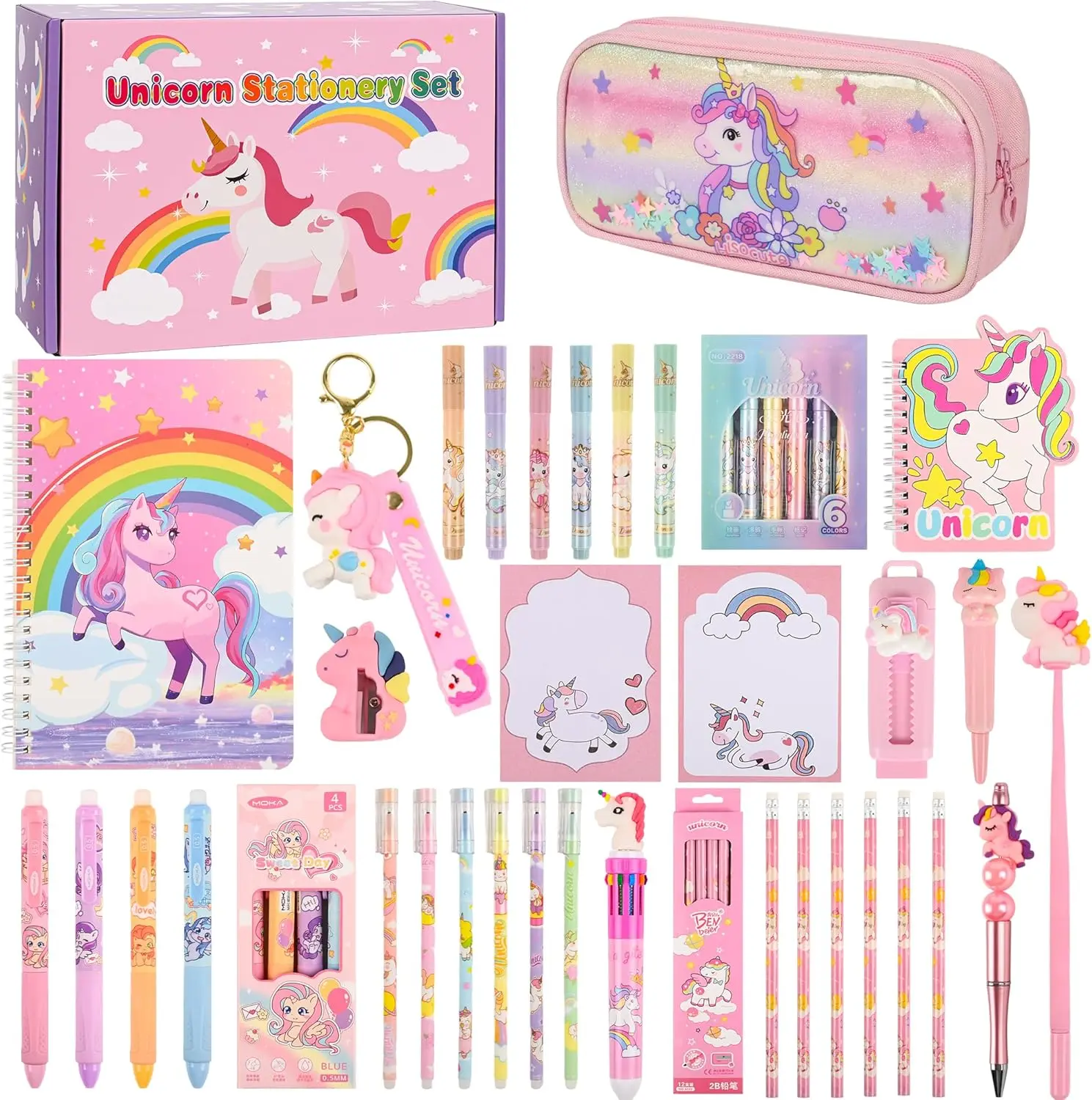 41Pcs Cute Unicorn Stationery Set Birthday Gifts for Girls Back to School and Classroom Rewards Office Supplies with Unicorn Stuffs with Kawaii pencils,Keychain etc.