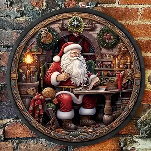 Santa Claus Pattern Hanging Sign, 1 Count Round Christmas Themed Wall Hanging Decoration, Door Ornament for Home Living Room Bedroom