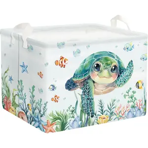 Large Fish Sea Turtle Baby Basket Ocean Coral Seaweed Toy Book Shelf Basket Waterproof Pool Toy Beach Bin Collapsible Dirty Clothes Hamper, Blue, 40*30*30 cm