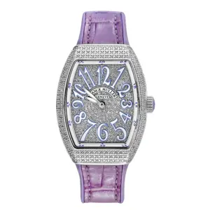 Franck Muller Vanguard V32 Quartz Stainless Steel Aftermarket Full Diamond Paved Case and Dial Purple Arabic Numerals Ladies Watch WHP042165
