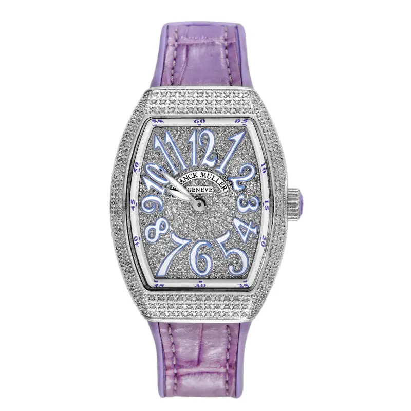 Franck Muller Vanguard V32 Quartz Stainless Steel Aftermarket Full Diamond Paved Case and Dial Purple Arabic Numerals Ladies Watch WHP042165